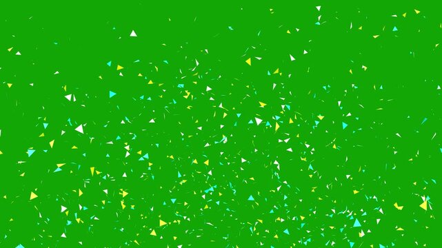 Vibrant multi-colored triangle confetti explosion and falling particles on chroma key green screen background
