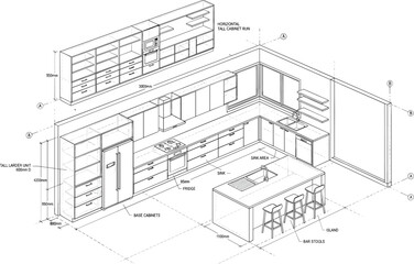 Fototapeta premium Modern kitchen blueprint architectural plan layout vector illustration featuring island with bar stools and custom cabinetry measurements