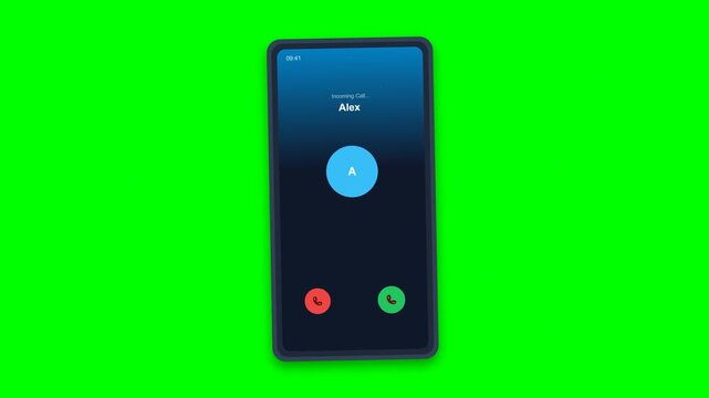 Smartphone Incoming Call Animation Loop with Vibrant Interface Displaying Contact Name on Green Screen Background for Mobile UI Projects