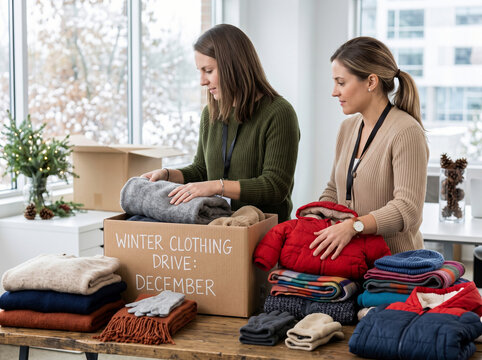 Volunteers organizing winter clothing for charity drive during december