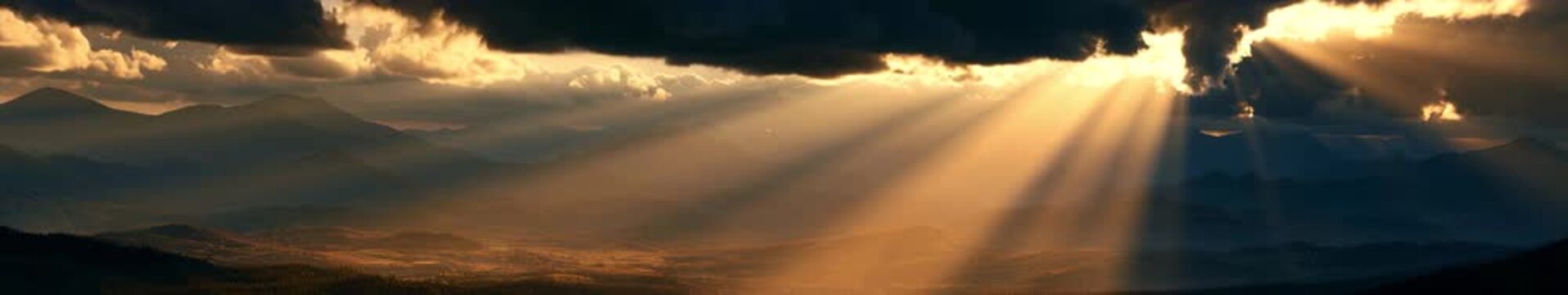 Golden Sun Rays Breaking Through Storm Clouds Over Mountains, in a Panoramic Seamless Loop Animation