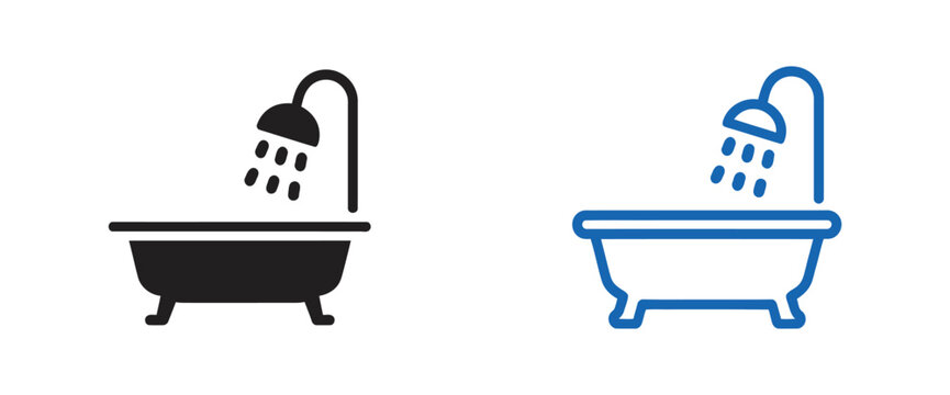 bath tub with shower head icon set, bathroom fixtures and bathing symbols for home interior plumbing hygiene and vector illustration