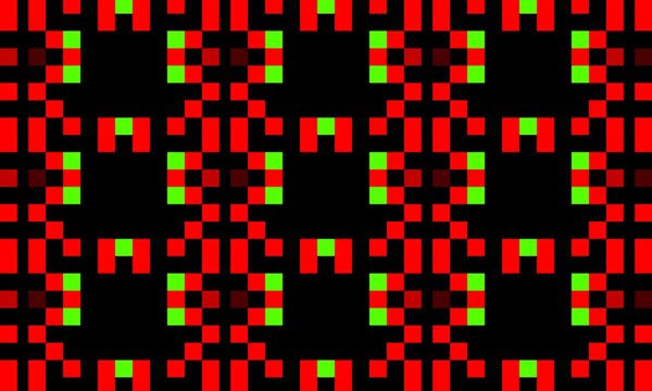 A playful retro-arcade grid featuring bold crimson square frames and glowing green pixel dots that evoke nostalgia with a sharp, modern twist.