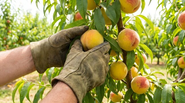 Worker Inspecting Ripe Peach on Tree in Orchard with Green Gloves