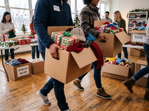 Holiday volunteer event: team organizing winter donations for charity and community support