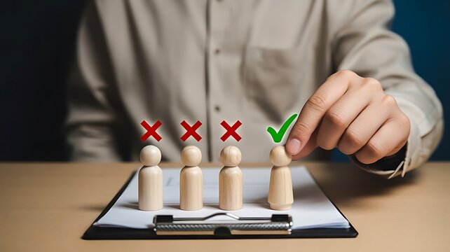 Business recruitment process, manager hand picking a candidate with a green checkmark, wooden figures on a clipboard, talent acquisition concept