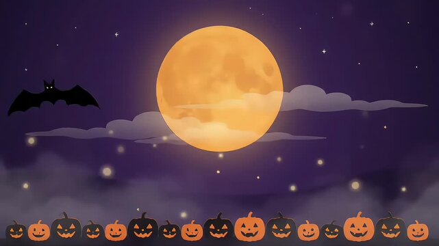 Spooky Halloween Night Background with Giant Glowing Full Moon, Flying Bats, and Pumpkin Border