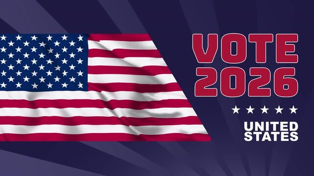 USA 2026 midterm elections vote banner animated video with waving american flag motion background