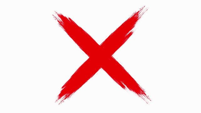 Hand-drawn red x mark animation on white or black background, red cross animation 4k loop.