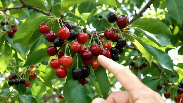 Natural 4K Ultra HD ultra-high-definition summer garden close-up of ripe juicy cherry berries hanging beautifully on the tree highlighting these antioxidant-rich fruits and their fresh organic