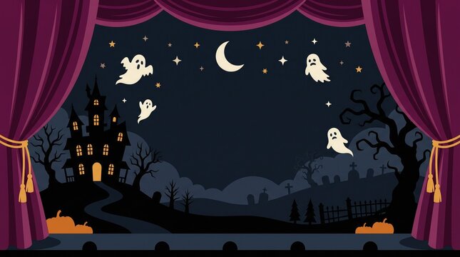 Halloween background vector illustration with spooky castle, graveyard, ghosts, and moon framed by stage curtains