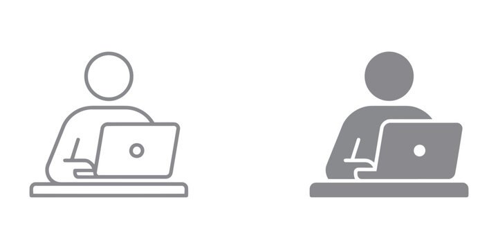 Minimalist person working on laptop icon set, gray outline and solid silhouette office worker symbols, professional freelancer at desk vector