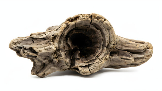 Natural dry driftwood log piece with hollow center isolated on white background