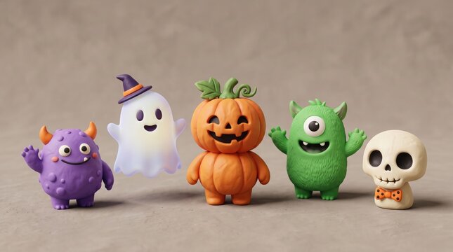 Cute Halloween characters 3D rendering featuring a purple monster, friendly ghost, jack-o-lantern pumpkin, green cyclops monster, and a small skull standing together on a neutral studio background.