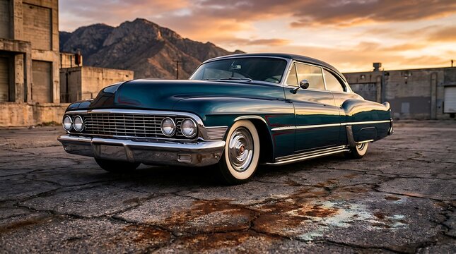 Classic black vintage car parked on a weathered urban street during a beautiful orange sunset light