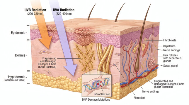Medical illustration of ultraviolet radiation penetrating human skin layers