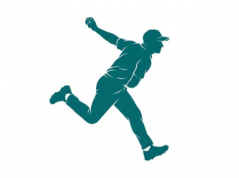 Cricket bowler silhouette in action stance, professional athlete throwing ball graphic.