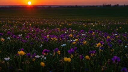 Obraz premium Vibrant wildflower field at sunset with a warm orange sky.