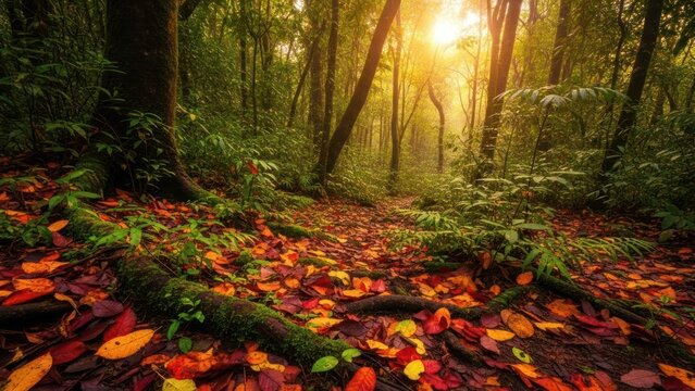 Autumn forest path bathed in warm sunlight with fallen leaves