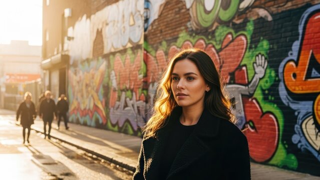Woman posing in front of graffiti wall during golden hour.