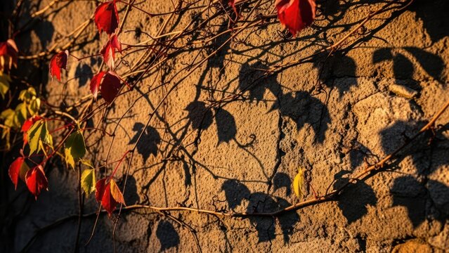 Autumn ivy vines with red leaves cast shadows on a textured stone wall.