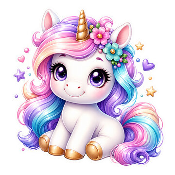 Cute cartoon unicorn illustration with rainbow-colored mane and tail, magical fantasy style. Isolated sticker on a white background.
