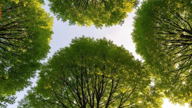 Looking up at vibrant green tree canopies under a clear sky.