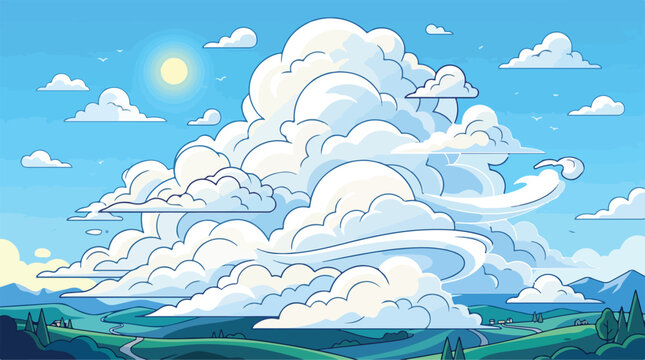 Bright sun shining over large cumulus clouds above green rolling hills landscape