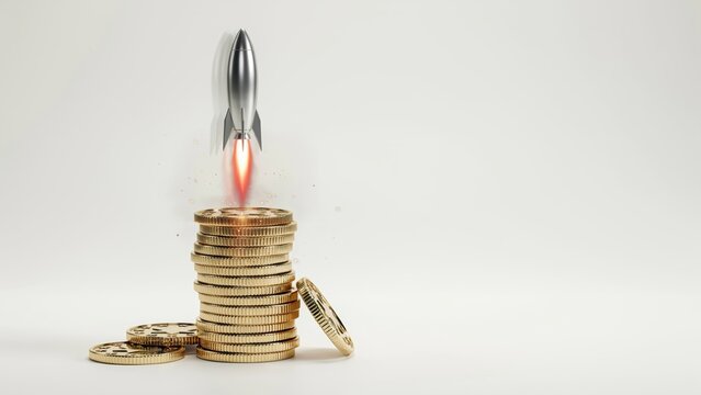 Financial rocket launch from gold coin stack, business growth and investment success concept, wealth accumulation and startup funding illustration