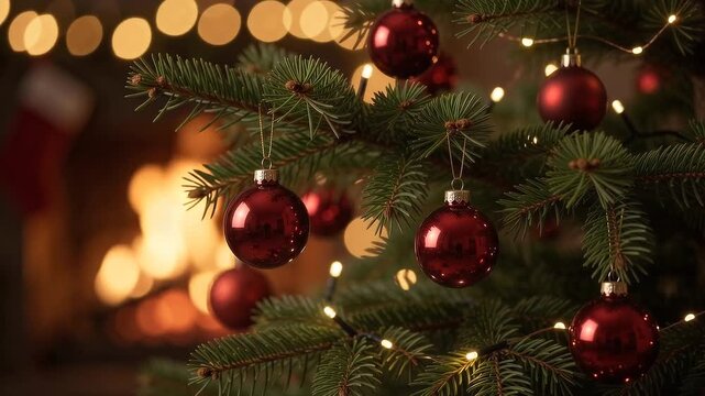 Red baubles and warm fairy lights on a Christmas tree by a fireplace
