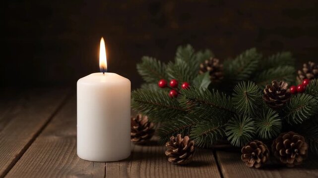 A candle burning beside an evergreen Christmas wreath on dark wood