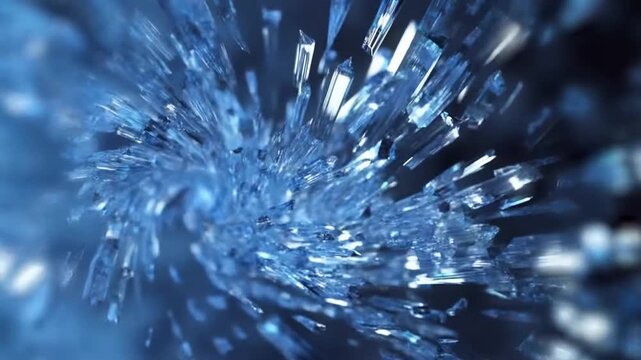 Slow motion crystalline shards exploding outward with radial motion in dark blue abstract space close up