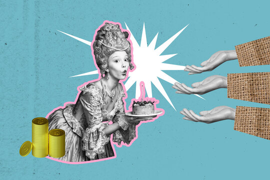3D collage artwork composite sketch poster of earnings currency market income budget young lady blow candle hand hold cake hand ask piece