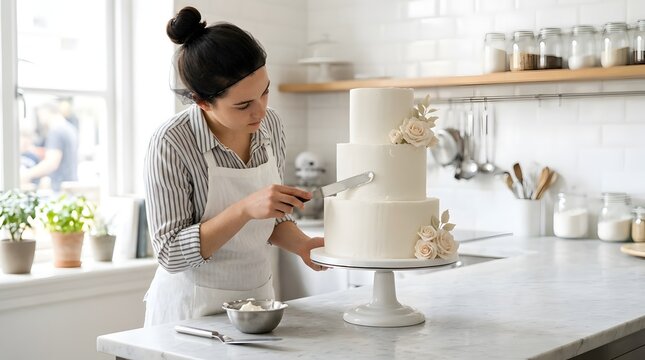 Professional baker decorating a tiered wedding cake in bright kitchen