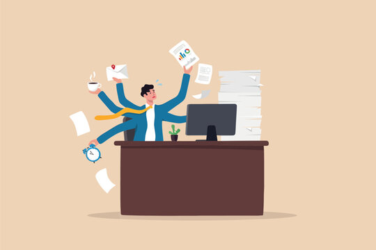 Stressed businessman multitasking with many arms working at office desk
