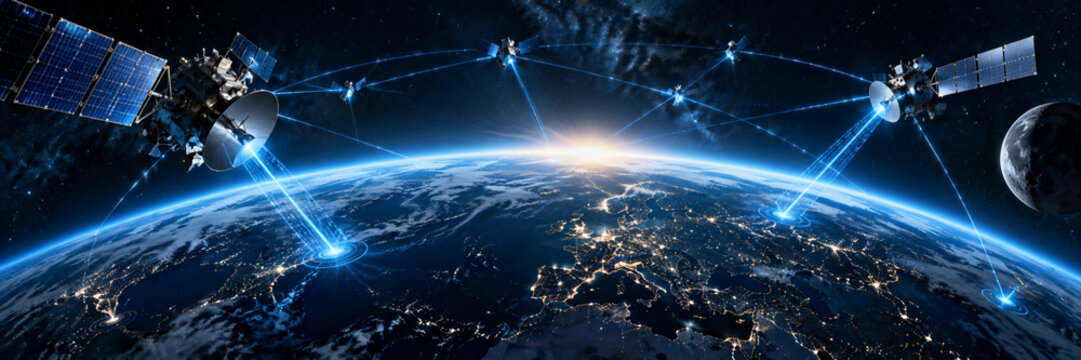 Satellites connecting a global communication network above Earth