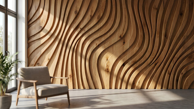 Cozy modern lounge corner featuring parametric wooden slat wall and stylish chair