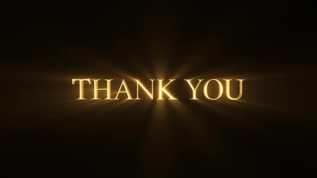 Slow motion golden thank you text glowing and expanding with radiating light rays on dark background center screen elegant typography reveal