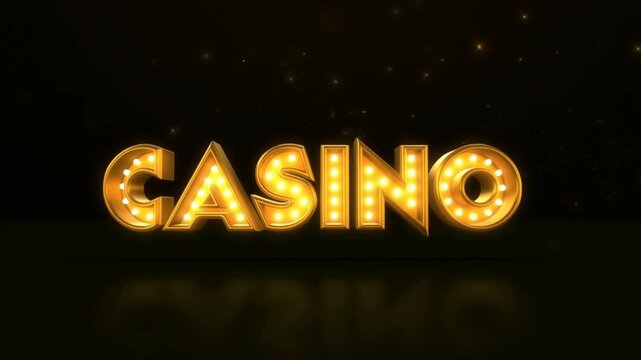 Tracking shot golden casino marquee letters sparkling and lighting up on dark reflective studio stage with subtle dolly zoom movement