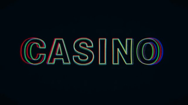 Tracking shot of glitching casino text logo with rgb chromatic aberration on dark studio background, flicker and distortion animation