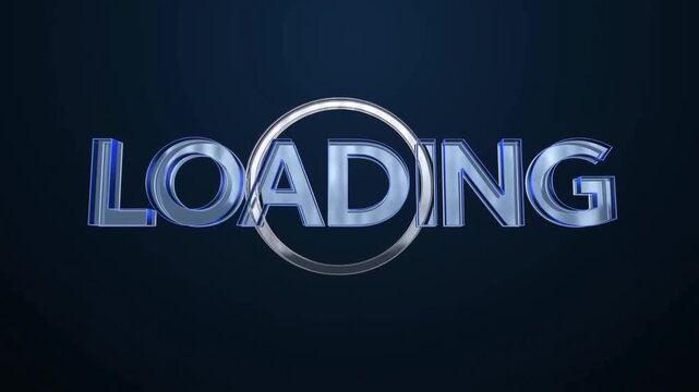 Tracking shot 3d loading text rotating and aligning into center over dark studio background with metallic ring logo reveal
