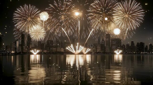 Fireworks explode over city skyline reflecting in water at night festive celebration.