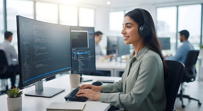 Female software developer writing code on dual monitors in office