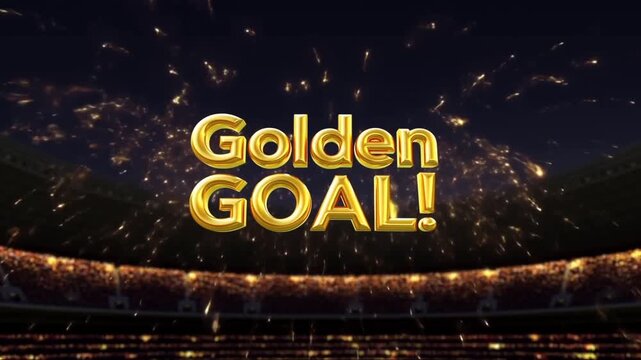 Zooming shot golden goal text exploding with sparks over packed sports stadium at night celebrating victory announcement