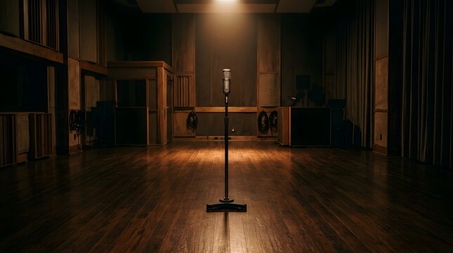 Professional condenser microphone standing in empty music recording studio