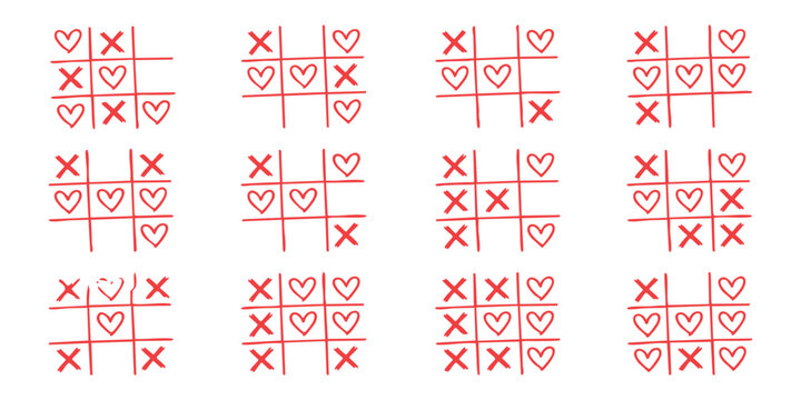 Hand drawn tic tac toe games with red hearts and crosses for romantic valentines day love theme patterns