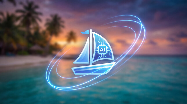 Neon-glowing sailboat icon with AI circuitry on the sail and orbiting blue light trails against a soft-blurred tropical beach at sunset representing AI assisted travel and vacation planning