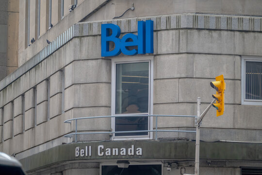 Ottawa, ON, Canada - Sept 14, 2026: Bell Canada corporate logo mounted on the stone facade of a downtown office building.