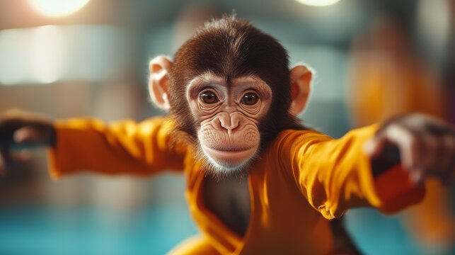 Adorable baby monkey in a martial arts pose, wearing an orange outfit, showing focus and determination