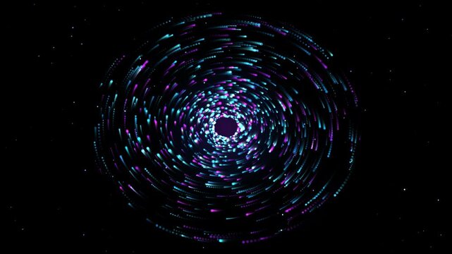 Abstract Neon Spiral Vortex and Futuristic Cyber Particle Tunnel Animation on Black Space Background
